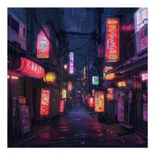Anime-Ästhetik Stadtstraße bei Nacht Neon-Schild Poster