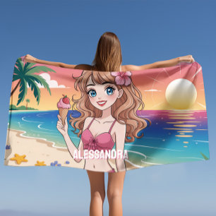 Anime Beach Girl - Tropischer Sonnenuntergang mit  Strandtuch