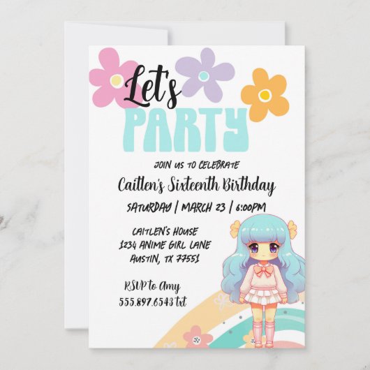 Anime Birthday Girl Blue Pink Niedlich Retro Einla Einladung (Vorderseite)