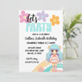 Anime Birthday Girl Blue Pink Niedlich Retro Einla Einladung (Stehend Vorderseite)