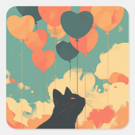 Anime Black Cat mit herzförmigen Balloons Quadratischer Aufkleber