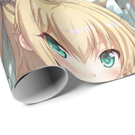 Anime blond-haariges Mädchen smaragdgrüne Augen Geschenkpapier (Rolleneckpunkt)
