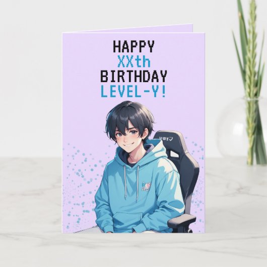 Anime Blue & Lila Gamer Personalisiert Geburtstag Karte (Vorderseite)