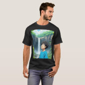 Anime Boy Admiring Waterfall in a Beautiful Nature T-Shirt (Vorne ganz)