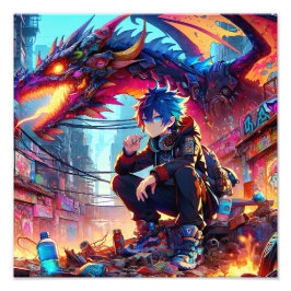 Anime Boy and Dragon in einer dystopischen Welt Fotodruck