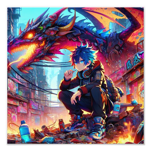 Anime Boy and Dragon in einer dystopischen Welt Fotodruck (Vorne)