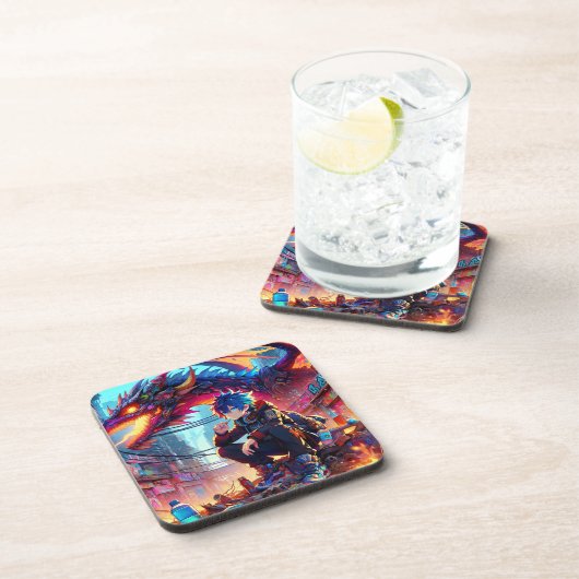 Anime Boy and Dragon in einer dystopischen Welt Getränkeuntersetzer (Rechte Seite)