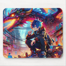 Anime Boy and Dragon in einer dystopischen Welt Mousepad