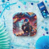 Anime Boy and Dragon in einer dystopischen Welt Pappteller (Party)