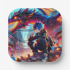 Anime Boy and Dragon in einer dystopischen Welt Pappteller