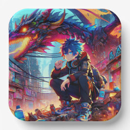 Anime Boy and Dragon in einer dystopischen Welt Pappteller