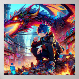 Anime Boy and Dragon in einer dystopischen Welt Poster