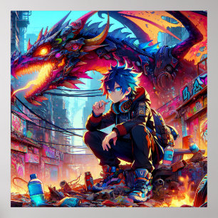 Anime Boy and Dragon in einer dystopischen Welt Poster