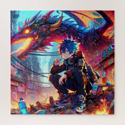 Anime Boy and Dragon in einer dystopischen Welt Puzzle (Vertikal)