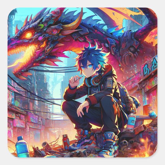 Anime Boy and Dragon in einer dystopischen Welt Quadratischer Aufkleber (Vorderseite)