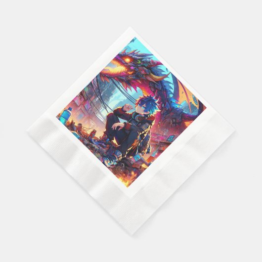 Anime Boy and Dragon in einer dystopischen Welt Serviette (Ecke)