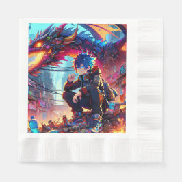 Anime Boy and Dragon in einer dystopischen Welt Serviette