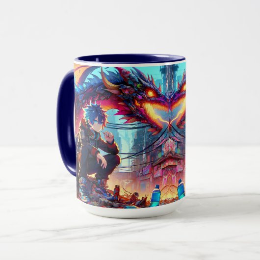 Anime Boy and Dragon in einer dystopischen Welt Tasse (Vorderseite Links)
