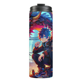 Anime Boy and Dragon in einer dystopischen Welt Thermosbecher