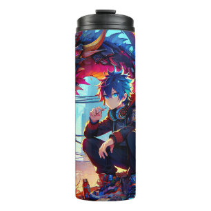 Anime Boy and Dragon in einer dystopischen Welt Thermosbecher