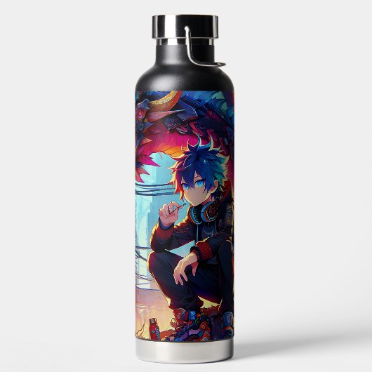 Anime Boy and Dragon in einer dystopischen Welt Trinkflasche (links)