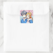 Anime Boy and Girl Couple mit Herz Quadratischer Aufkleber (Tasche)