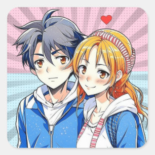 Anime Boy and Girl Couple mit Herz Quadratischer Aufkleber