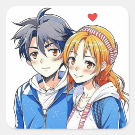 Anime Boy and Girl Couple mit Herz Quadratischer Aufkleber