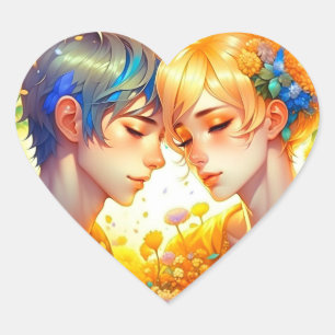 Anime Boy and Girl Floral Couple Themed Herz-Aufkleber