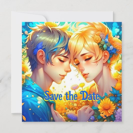 Anime Boy and Girl Floral Themed Wedding Save The Date (Vorderseite)