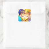 Anime Boy and Girl in Liebe Romantisches Kokett Quadratischer Aufkleber (Tasche)