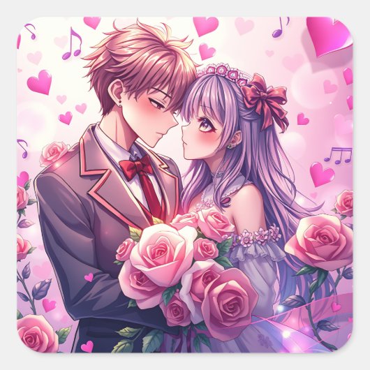 Anime Boy and Girl Valentine's Day Quadratischer Aufkleber (Vorderseite)