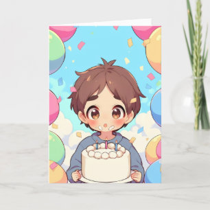 Anime Boy Birthday Cake Colorful Feiertagskarte