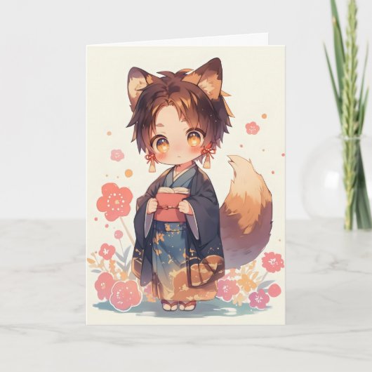 Anime Boy Fox Kitsune Fantasy Feiertagskarte (Vorderseite)