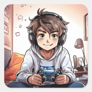 Anime Boy Play-Videospiele Quadratischer Aufkleber
