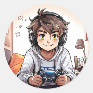 Anime Boy Play-Videospiele Runder Aufkleber