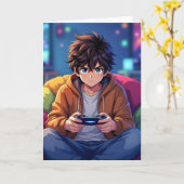Anime Boy spielt Videospiel Personalisiert Geburts Karte (Gelbe Blume)