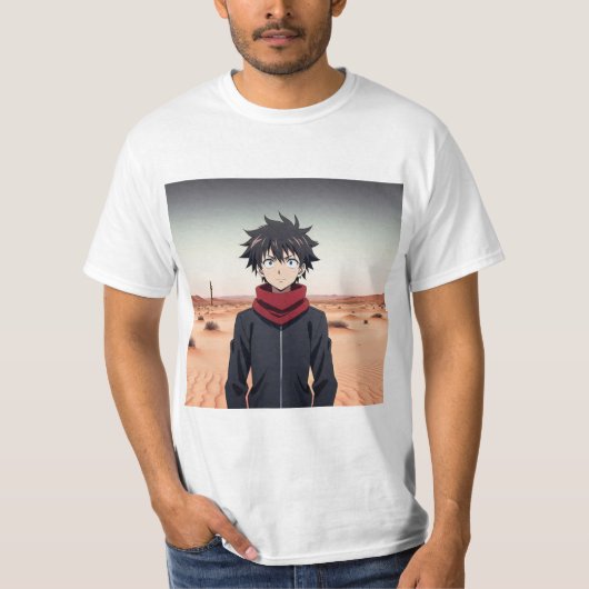 Anime Boy Standing in Desert Landscape – Anime Adv T-Shirt (Vorderseite)