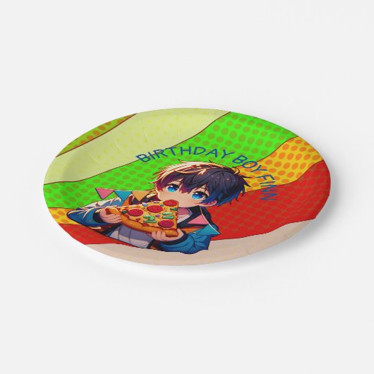 Anime Boys Pizza-Party Personalisiert Pappteller (Schrägansicht)