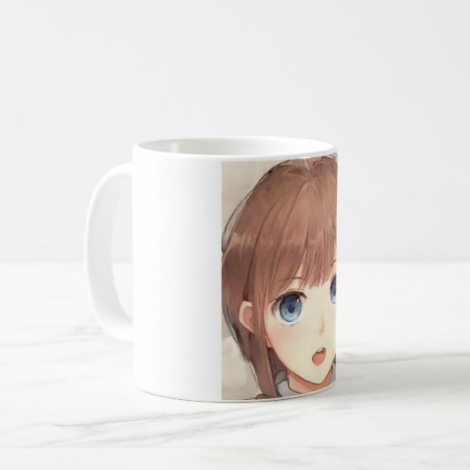 Anime braunhaariges Mädchen mit blauen Augen überr Kaffeetasse (Vorderseite Links)