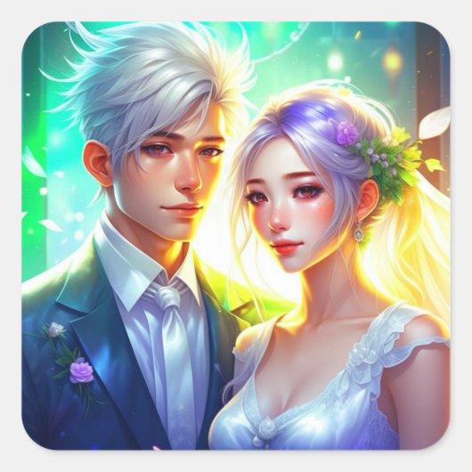 Anime Bride und Groom Wedding Quadratischer Aufkleber (Vorderseite)