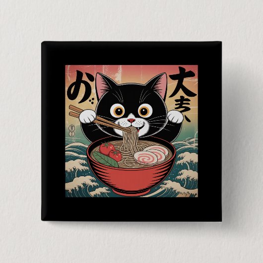 Anime Cat Eating Ramen Funny Japanischer Retro Sti Button (Vorderseite)