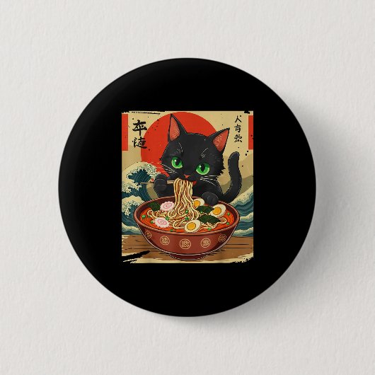 Anime Cat Eating Ramen Japanese Art Graphic Cat Cu Button (Vorderseite)