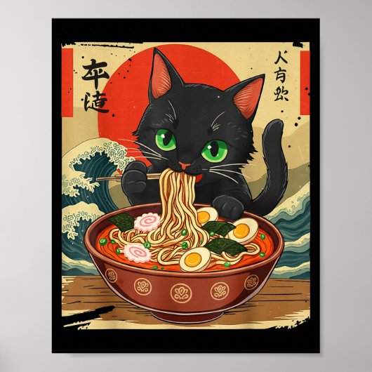 Anime Cat Eating Ramen Japanese Art Graphic Cat Cu Poster (Vorne)