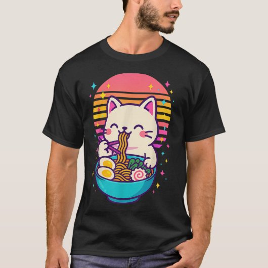 Anime Cat Eating Ramen Japanisch T-Shirt (Vorderseite)