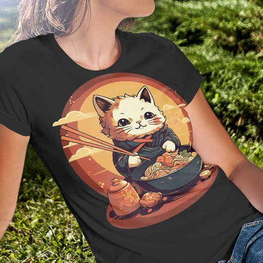 Anime Cat Eating Ramen Niedlich japanischen Stil T-Shirt