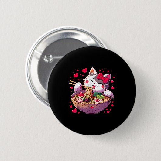 Anime Cat Eating Ramen Noodles With Hearts Valenti Button (Vorne & Hinten)