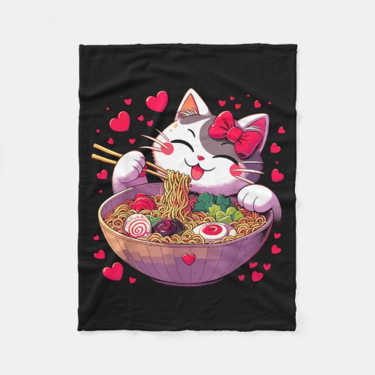 Anime Cat Eating Ramen Noodles With Hearts Valenti Fleecedecke (Vorderseite)