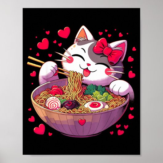 Anime Cat Eating Ramen Noodles With Hearts Valenti Poster (Vorne)