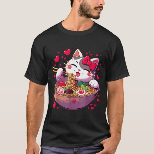 Anime Cat Eating Ramen Noodles With Hearts Valenti T-Shirt (Vorderseite)